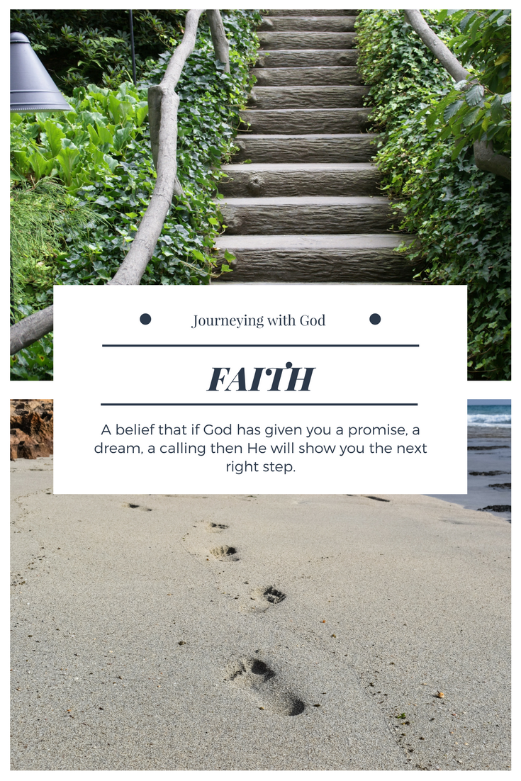 Faith: If God gives a dream, He will show you the next right step. Images - footprints in sand and wooden steps leading up