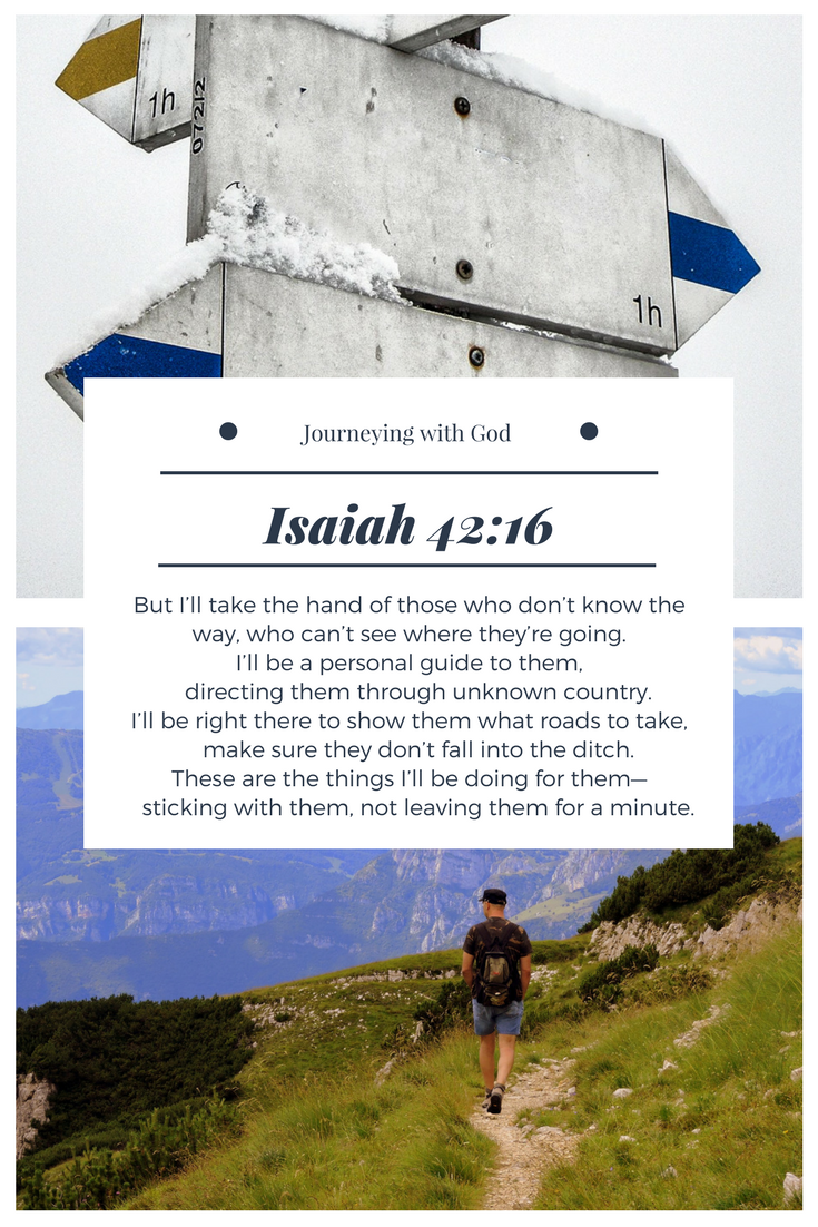 Isaiah 42:16 (The Message) Images - same person journeying through mountains and sign posts pointing down three different roads